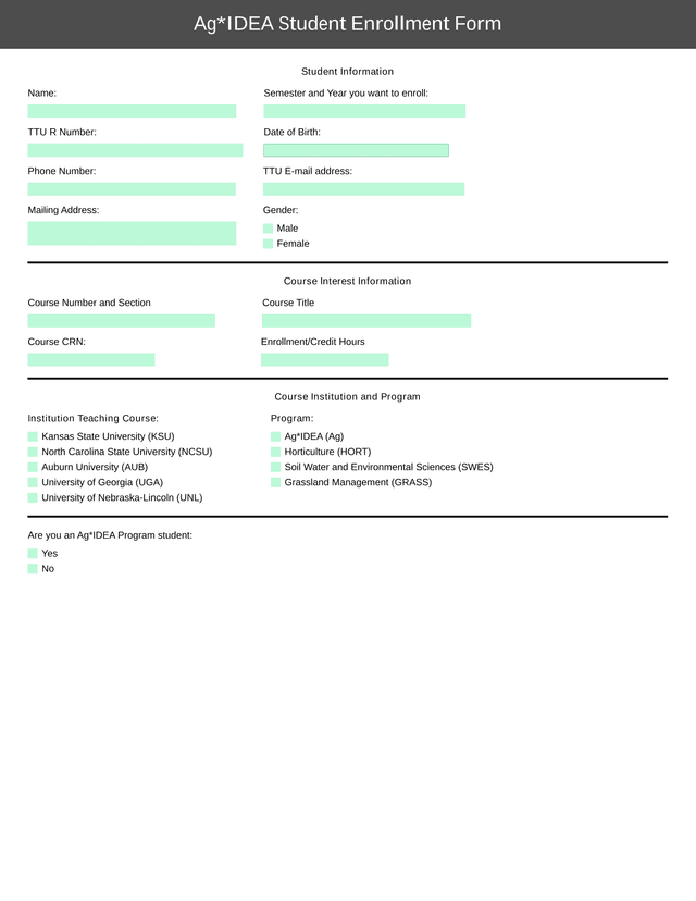 AgIDEA Student Enrollment Form screenshot