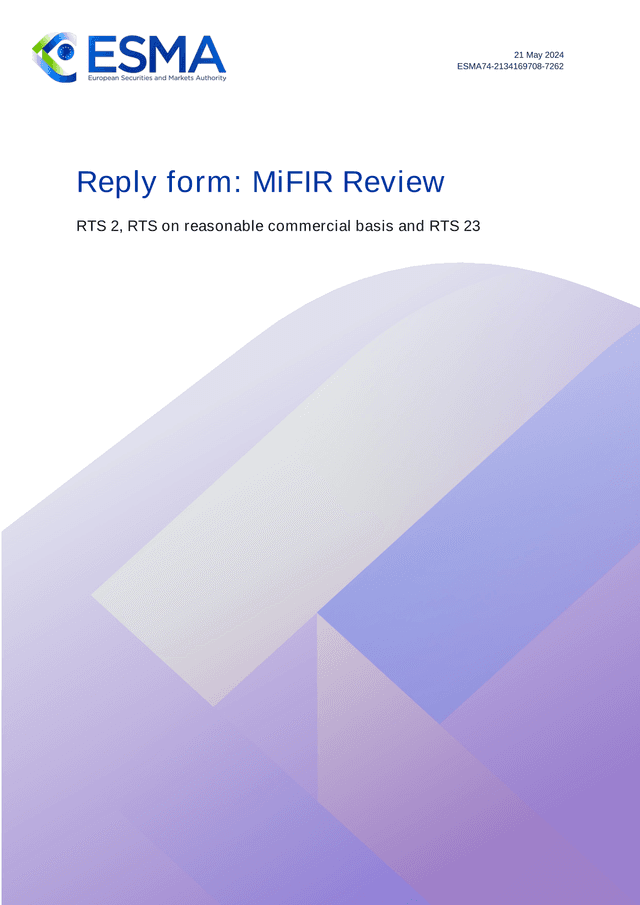 Reply Form MiFIR Review RTS 2, RTS On Reasonable Commercial Basis And RTS 23 screenshot