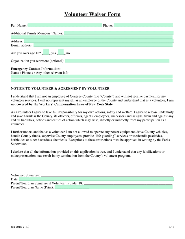 Volunteer Waiver Form screenshot