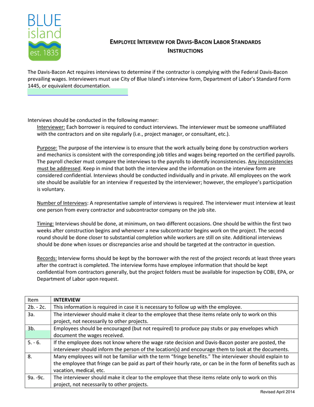 Employee Interview For Davis Bacon Labor Standards screenshot