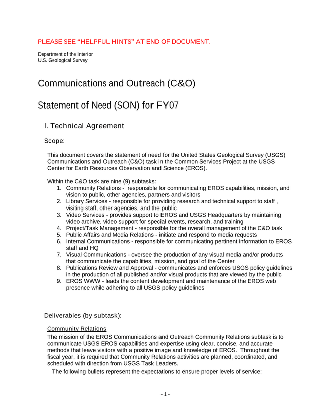 Communications And Outreach (CO) Statement Of Need (SON) For FY07 screenshot