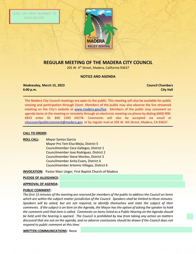 Madera City Council Agenda screenshot