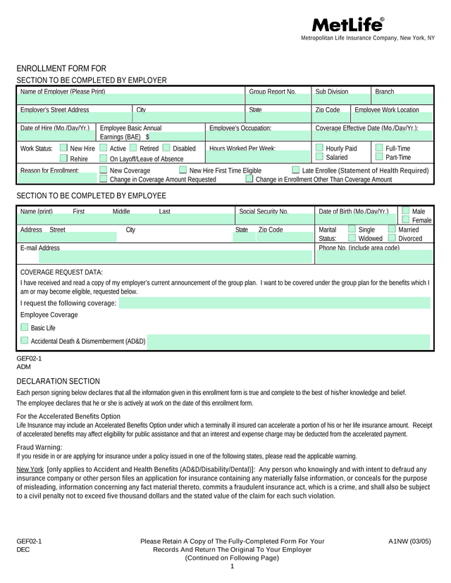 MetLife Enrollment Form screenshot
