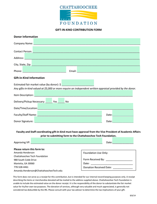 GIFT IN KIND CONTRIBUTION FORM screenshot