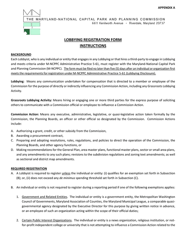 APPENDIX A   LOBBYING REGISTRATION FORM screenshot