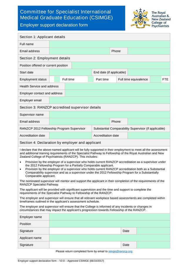 Employer Support Declaration Form screenshot