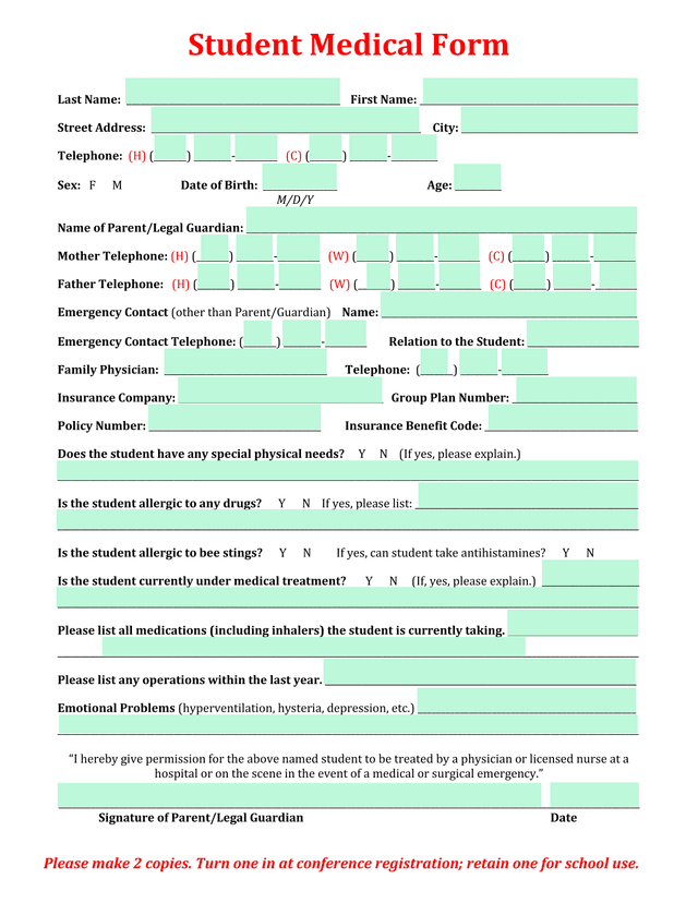 Student Medical Form screenshot