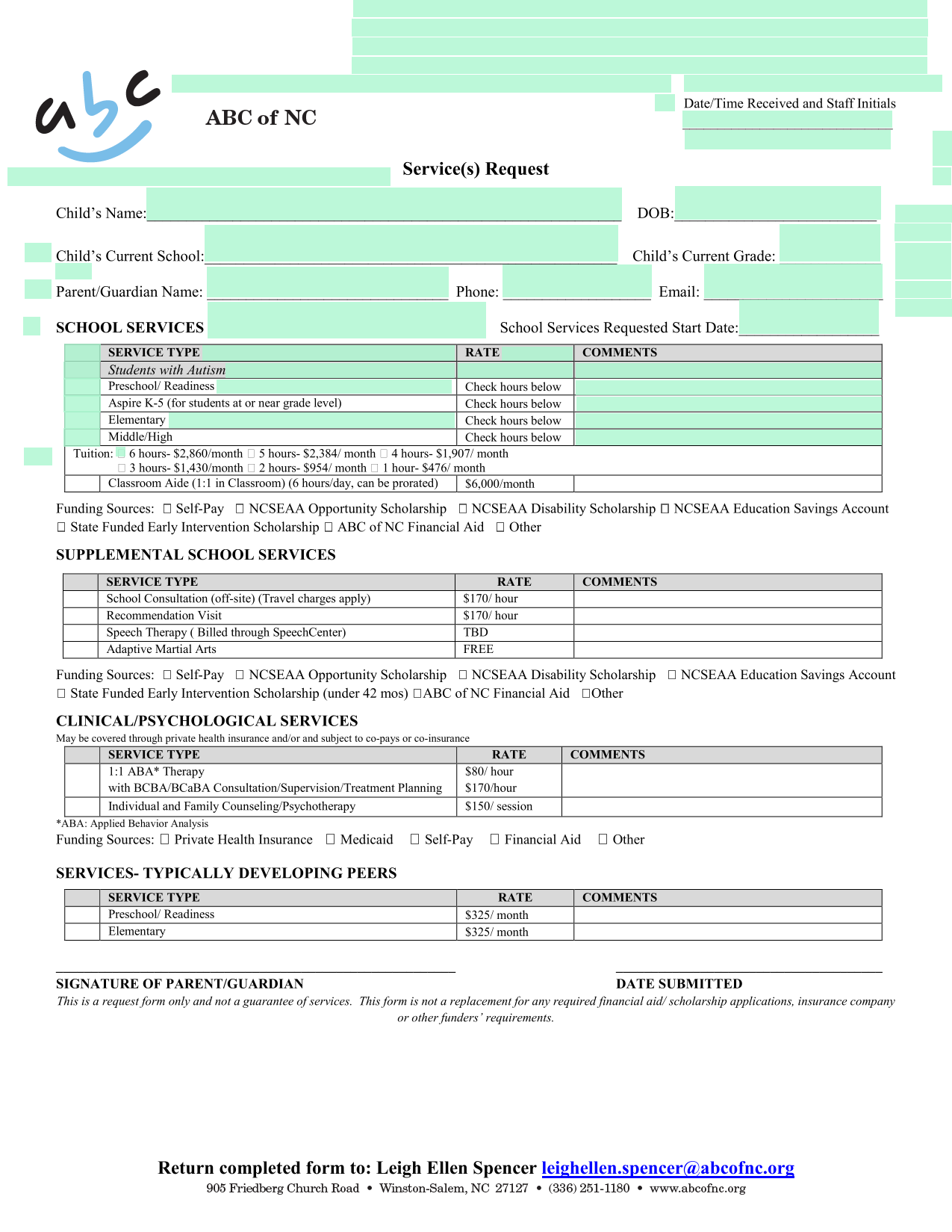 School Services Request Form screenshot