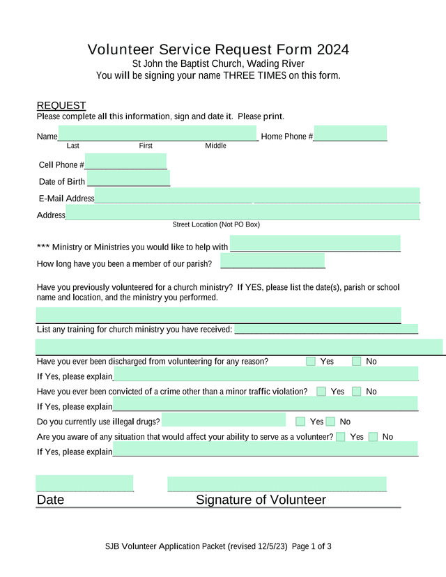 SJB Volunteer Application Packet screenshot