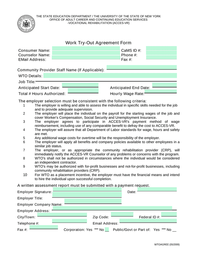 Work Try Out Agreement Form screenshot