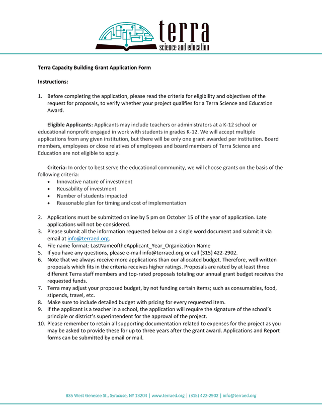 Terra Capacity Building Grant Application Form screenshot