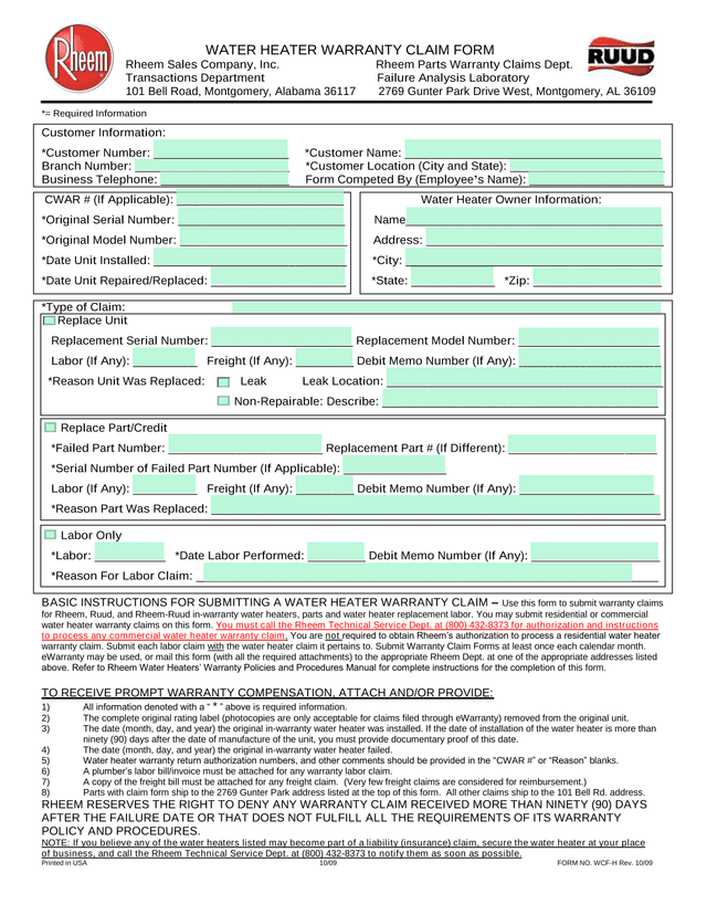 WATER HEATER WARRANTY CLAIM FORM screenshot