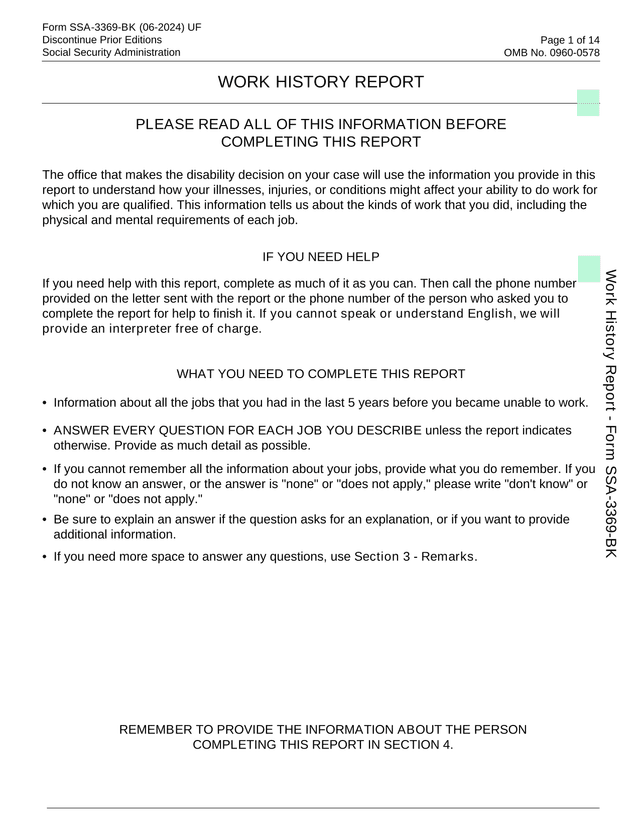 Form SSA 3369 BK Work History Report screenshot