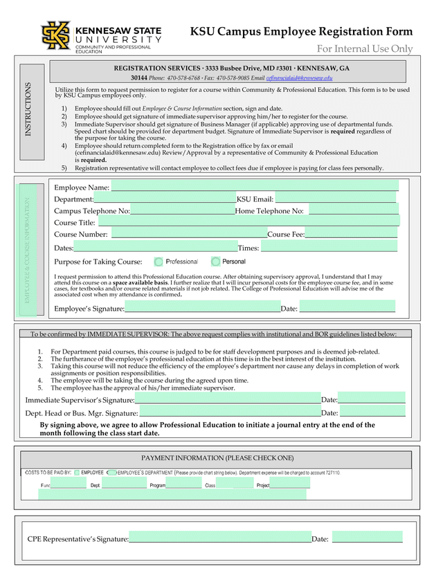 KSU Campus Employee Registration Form screenshot