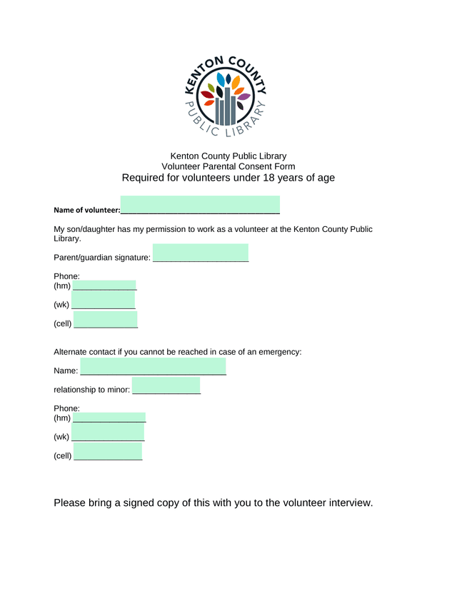 Volunteer Parental Consent Form screenshot