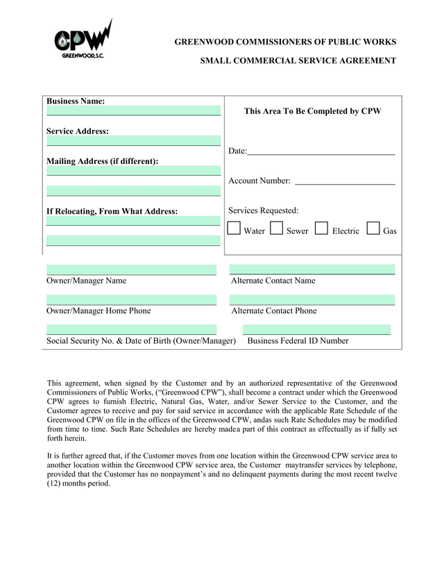 Small Commercial Service Agreement screenshot