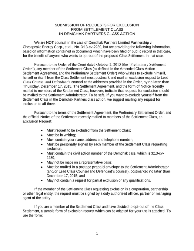 SUBMISSION OF REQUESTS FOR EXCLUSION FROM SETTLEMENT CLASS IN DEMCHAK PARTNERS CLASS ACTION screenshot