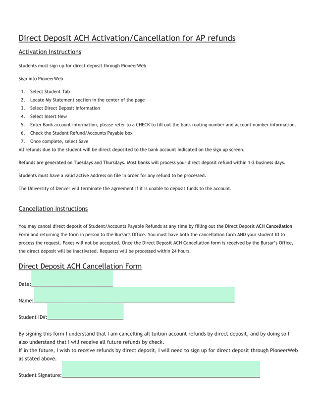 Direct Deposit ACH ActivationCancellation For AP Refunds screenshot