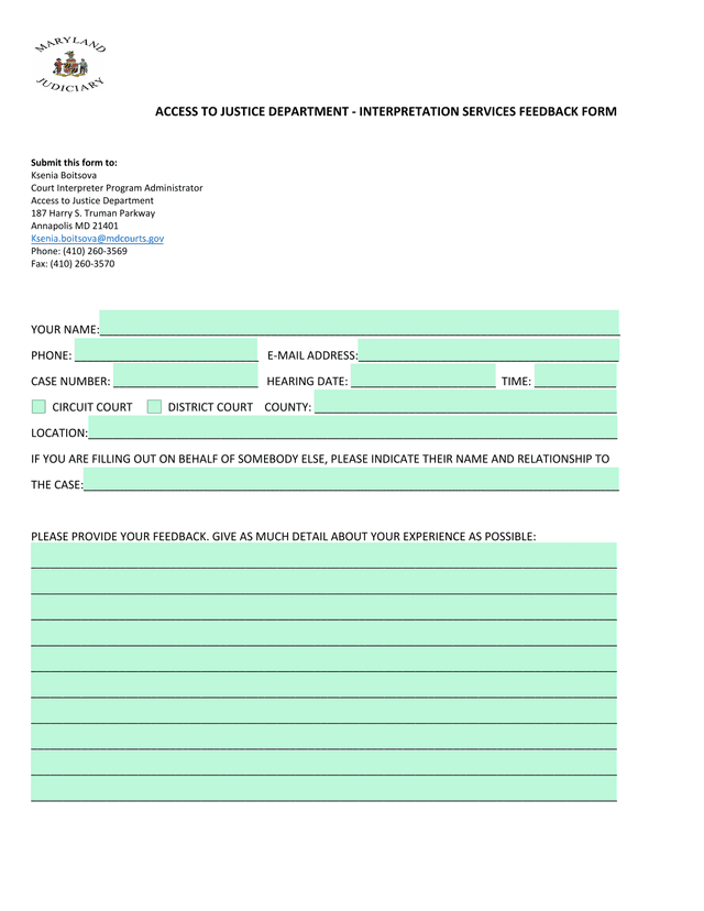 Access To Justice Department   Interpretation Services Feedback Form screenshot