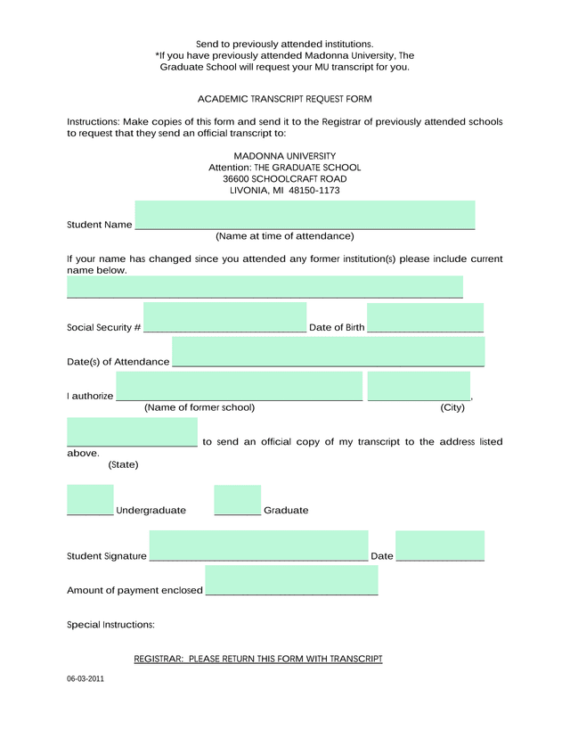 ACADEMIC TRANSCRIPT REQUEST FORM screenshot