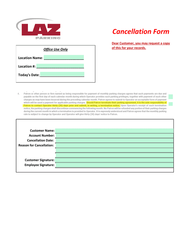 Cancellation Form screenshot