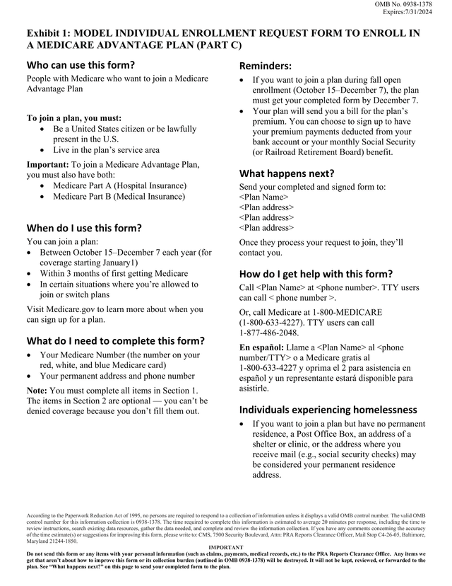 MODEL INDIVIDUAL ENROLLMENT REQUEST FORM TO ENROLL IN A MEDICARE ADVANTAGE PLAN (PART C) screenshot
