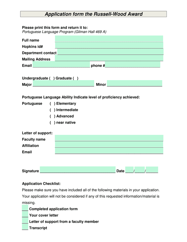 Application Form The Russell Wood Award screenshot