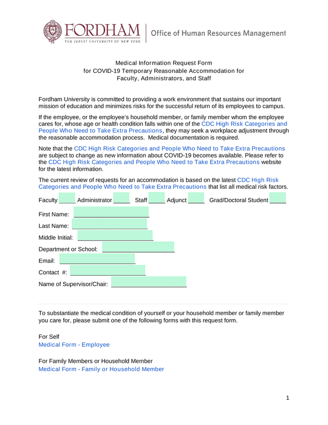 Medical Information Request Form For COVID 19 Temporary Reasonable Accommodation For Faculty, Admini screenshot