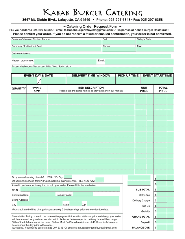 Catering Order Request Form screenshot