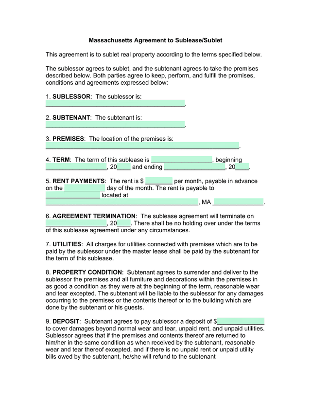 Massachusetts Agreement To SubleaseSublet screenshot