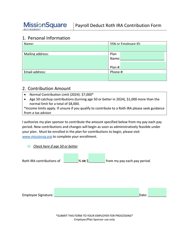 Payroll Deduct Roth IRA Contribution Form screenshot