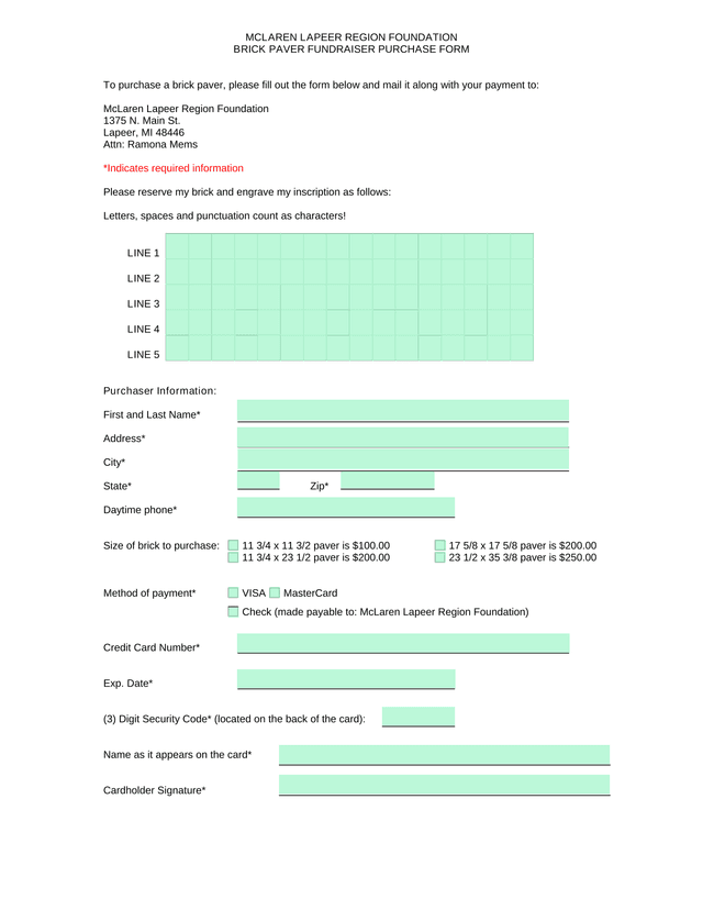 McLaren Lapeer Region Foundation Brick Paver Fundraiser Purchase Form screenshot