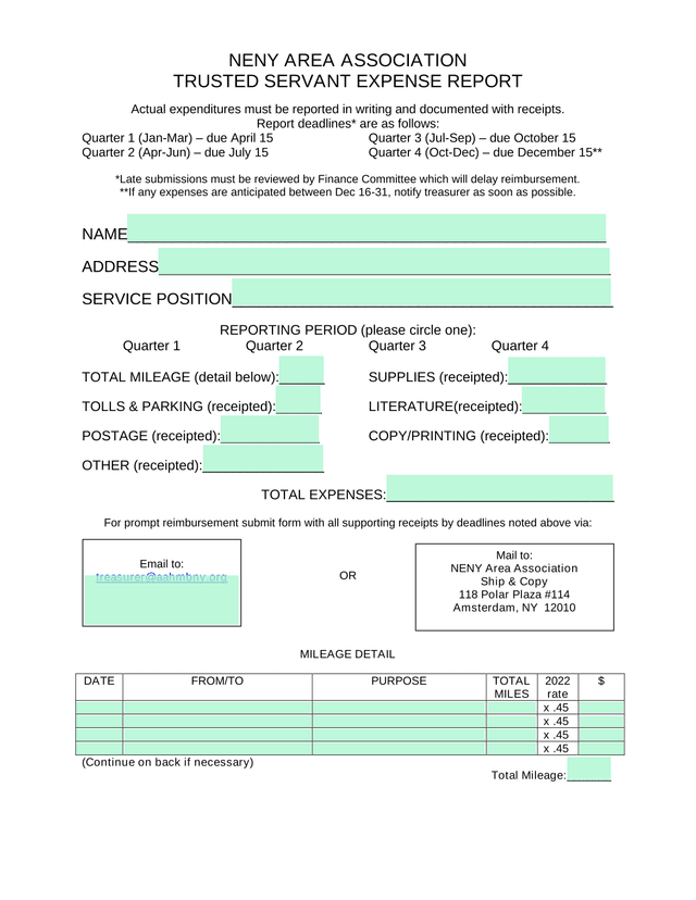 NENY Area Association Trusted Servant Expense Report screenshot