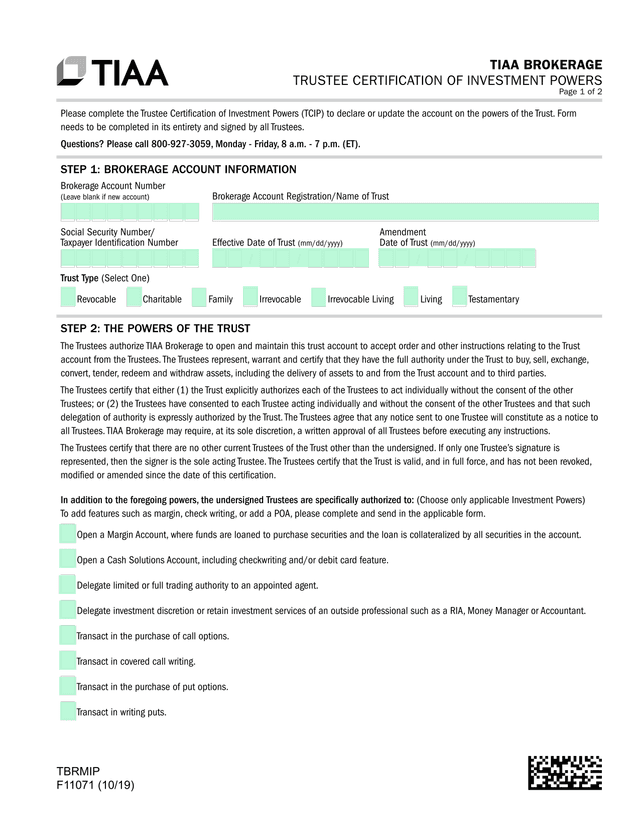TIAA BROKERAGE TRUSTEE CERTIFICATION OF INVESTMENT POWERS screenshot