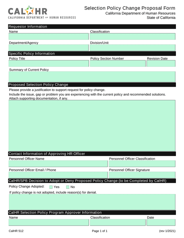 Selection Policy Change Proposal Form screenshot