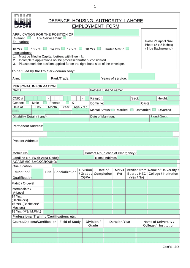DEFENCE HOUSING AUTHORITY LAHORE EMPLOYMENT FORM screenshot