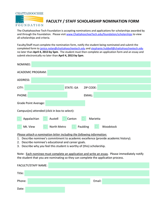 Faculty  Staff Scholarship Nomination Form screenshot