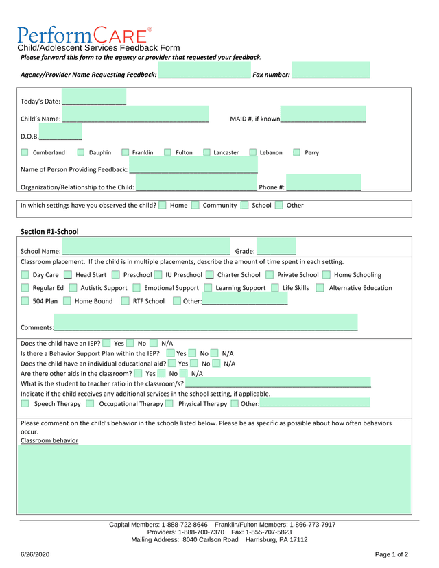 ChildAdolescent Services Feedback Form screenshot