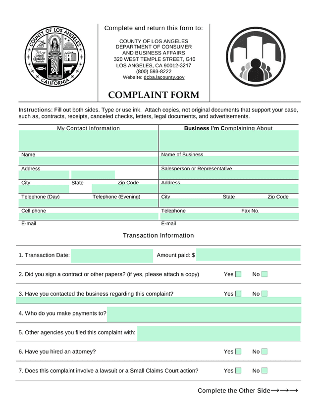 COMPLAINT FORM screenshot
