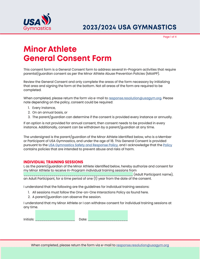 Minor Athlete General Consent Form screenshot