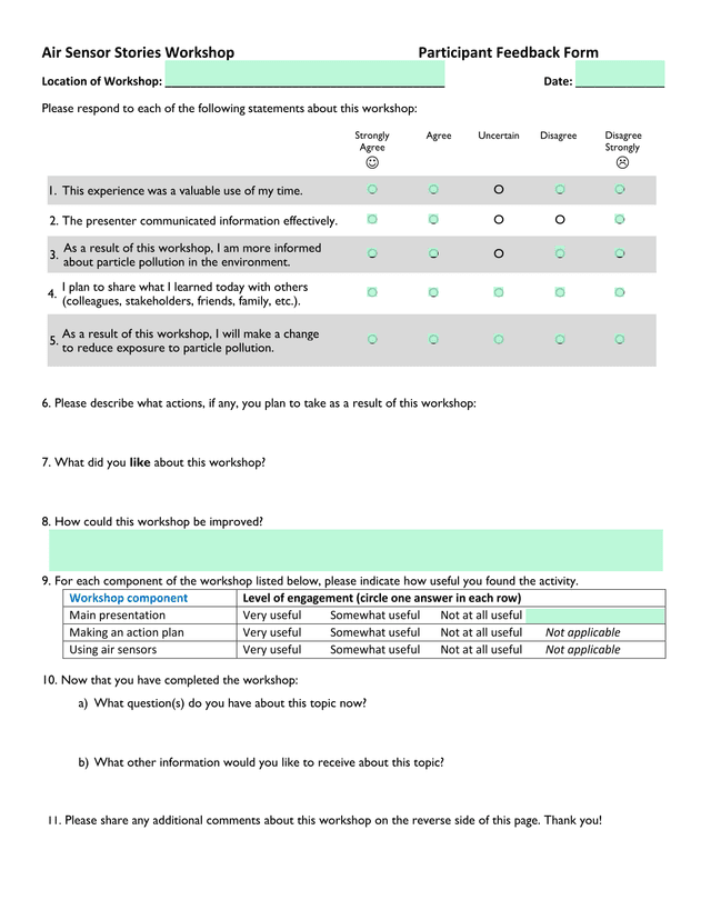 Air Sensor Stories Workshop Participant Feedback Form screenshot