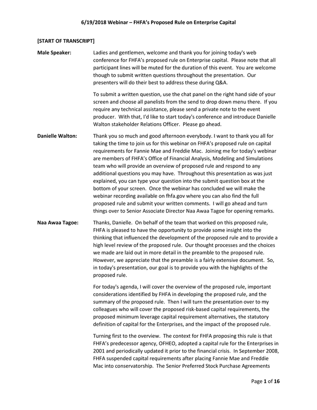 FHFAS Proposed Rule On Enterprise Capital Webinar Transcript screenshot