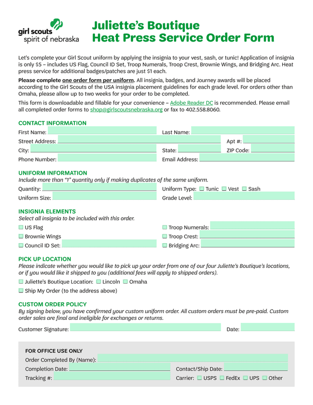 JulietteS Boutique Heat Press Service Order Form screenshot