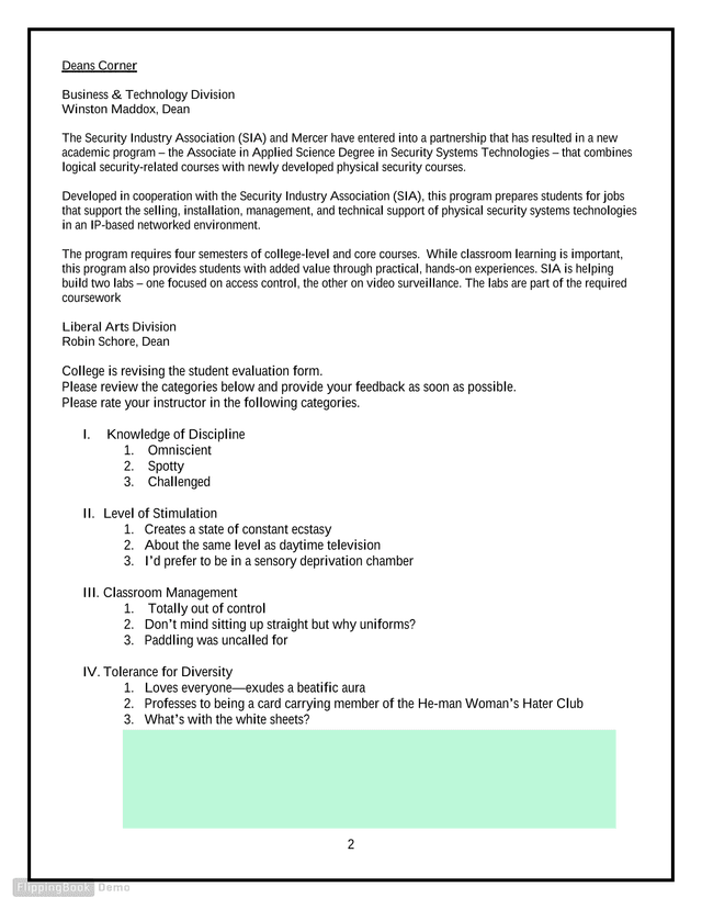 Deans Corner Newsletter screenshot