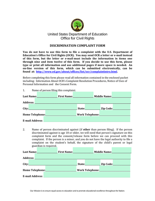 Discrimination Complaint Form screenshot