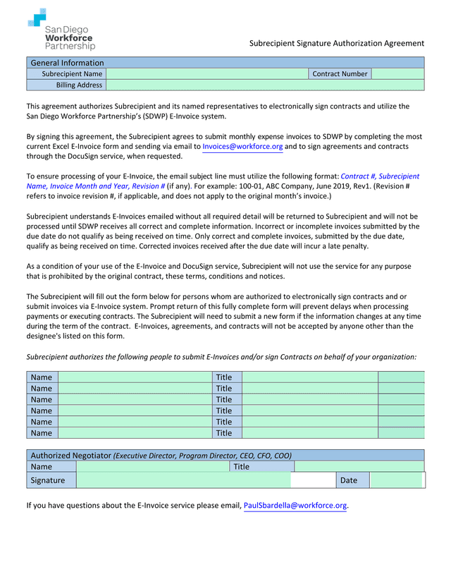 Subrecipient Signature Authorization Agreement screenshot