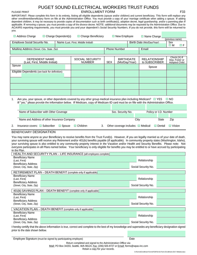 Enrollment Form F33 screenshot
