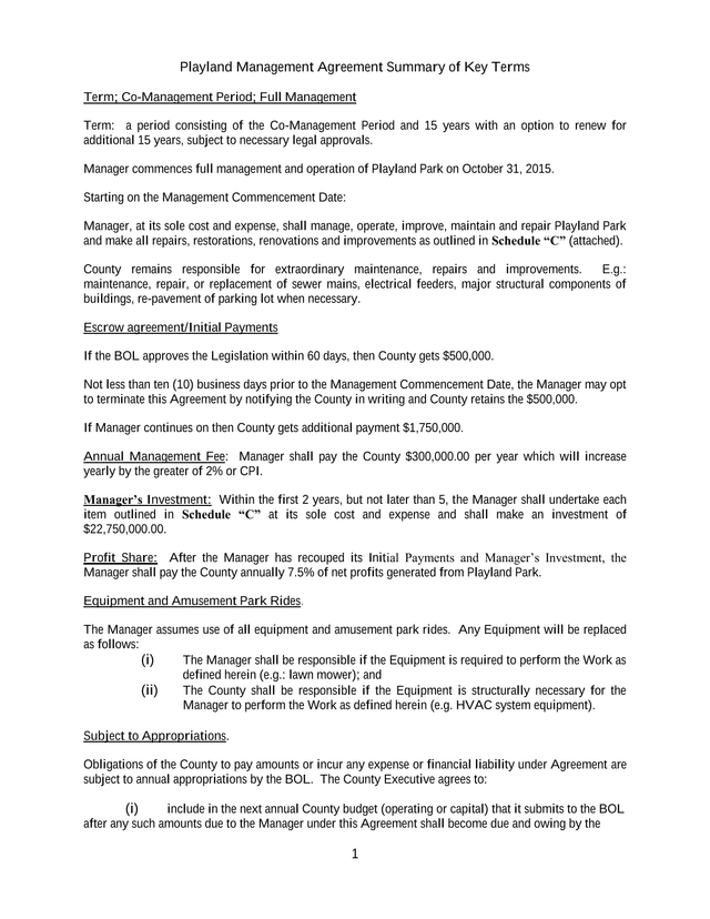 Playland Management Agreement Summary Of Key Terms screenshot