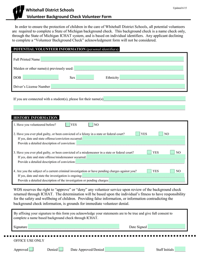 Whitehall District Schools Volunteer Background Check Volunteer Form screenshot
