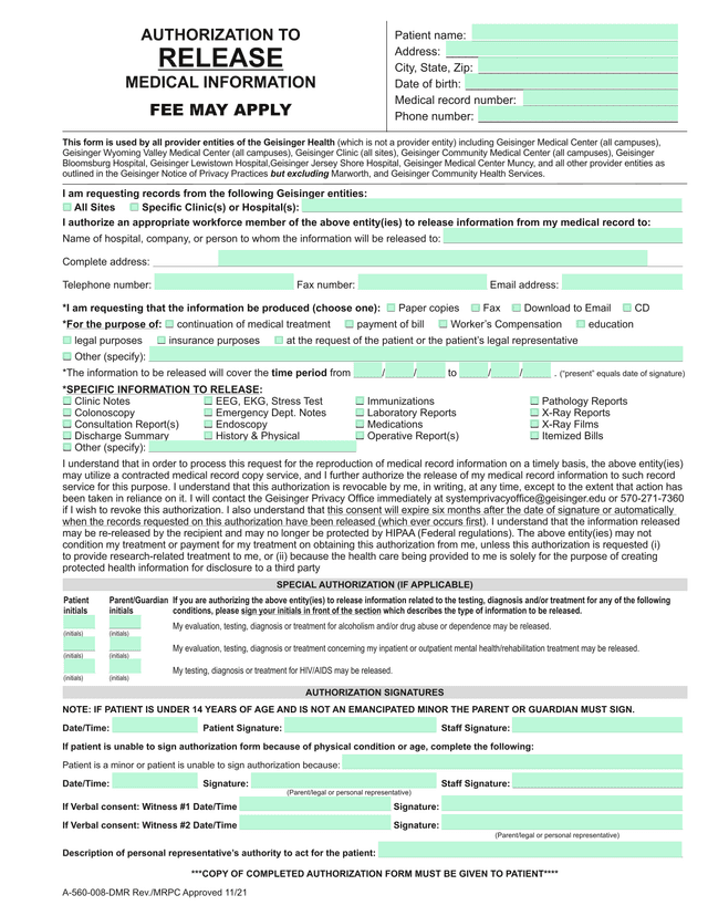 Authorization To Release Medical Information screenshot